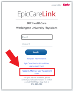 Screenshot of the EpicCareLink login page, with a highlighted link to "Research Monitor User Agreement Form."